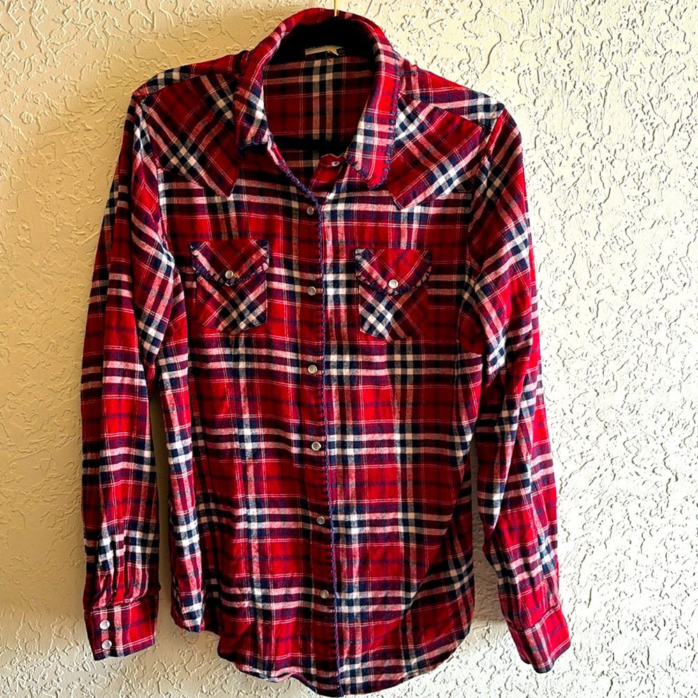 Nikki Erin Whip Stitch Western Flannel Pearl Snap Shirt